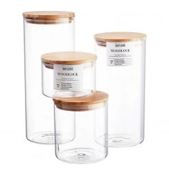 Butlers Pots WOODLOCK II (lot de 4) - Verre borosilicate / Bambou - Transparent